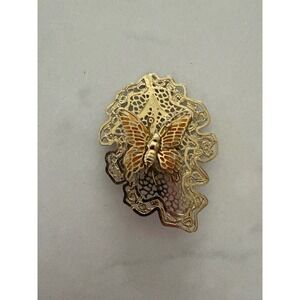 Vintage Gold Tone Filigree Butterfly Brooch Orange‎ Enamel Lace Lapel Pin